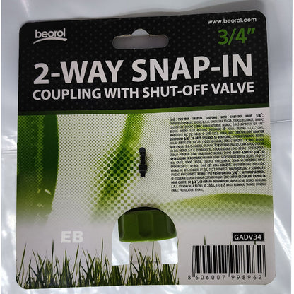 2 way snap in 3/4" coupling with shut off valve..